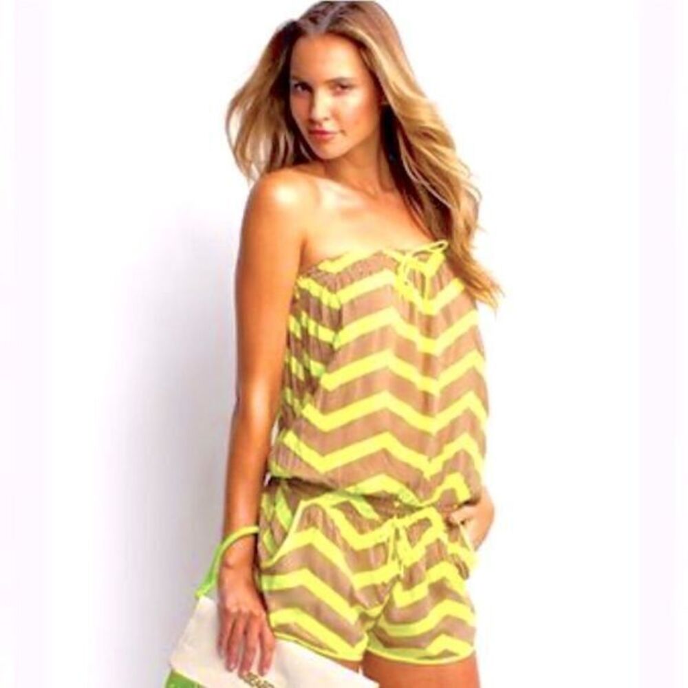 Seafolly Mod Club Neon Yellow and Brown Chevron Print Bandeau Top Romper
